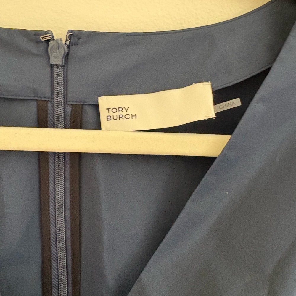 TORY BURCH Tech Poplin Midi Dress Navy PREPPY elegant Fit & Flare Sz XS pockets - Picture 4 of 12